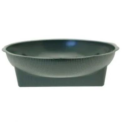 Green round floral dish with a square base, shown from the side on a white background.