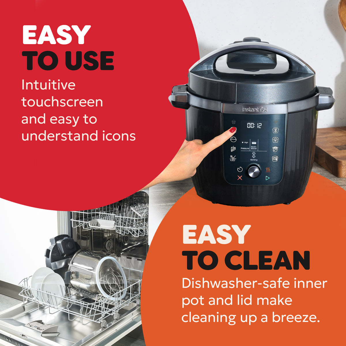 Instant Pot Pro Wifi 5.7L multicooker with a hand touching the touchscreen control panel on a kitchen counter.