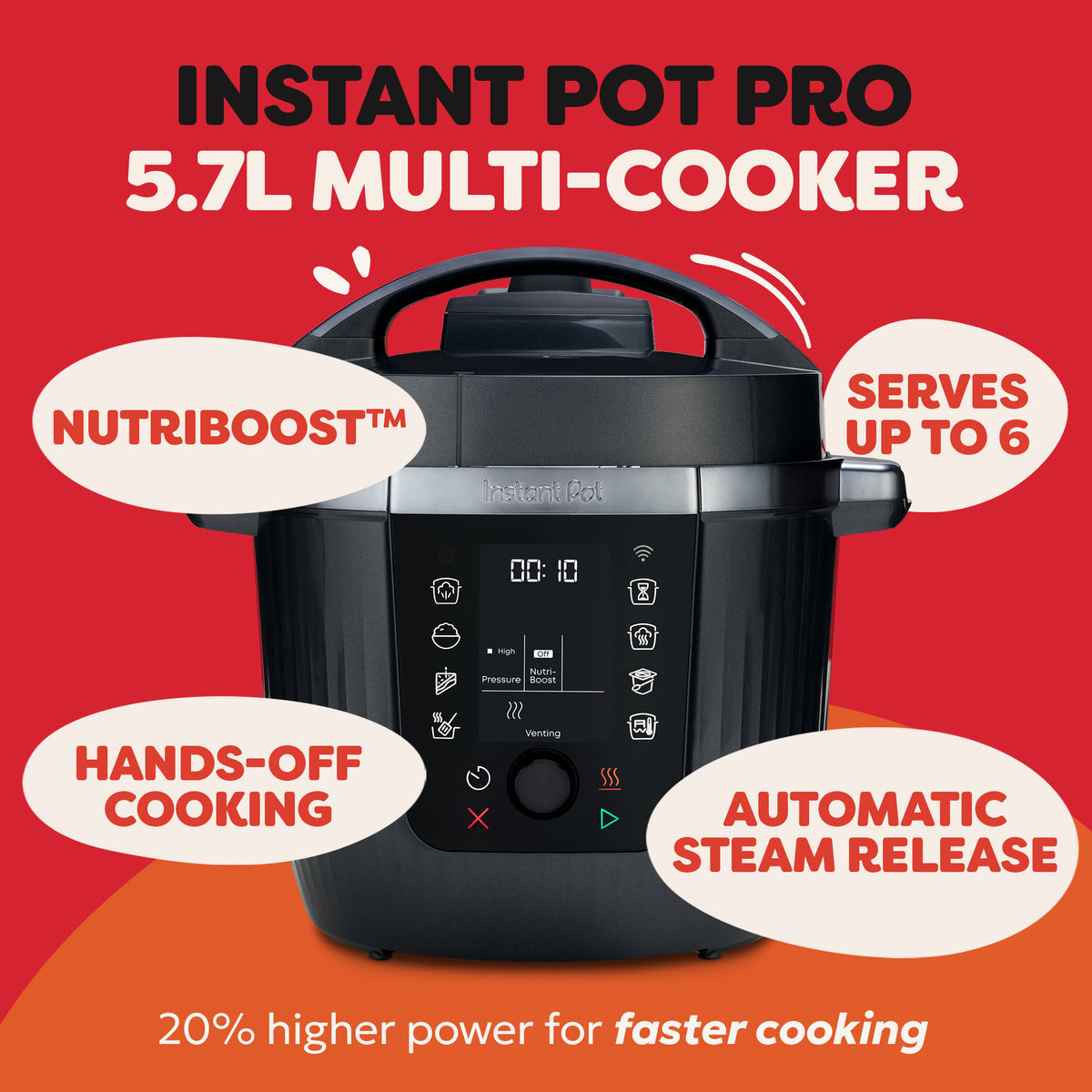 Instant Pot Pro Wifi multicooker with digital display and control knob on red and orange background