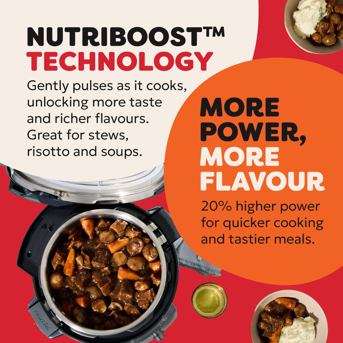 Instant Pot Pro Wifi multicooker open with stew inside, served with mashed potatoes on plates nearby.