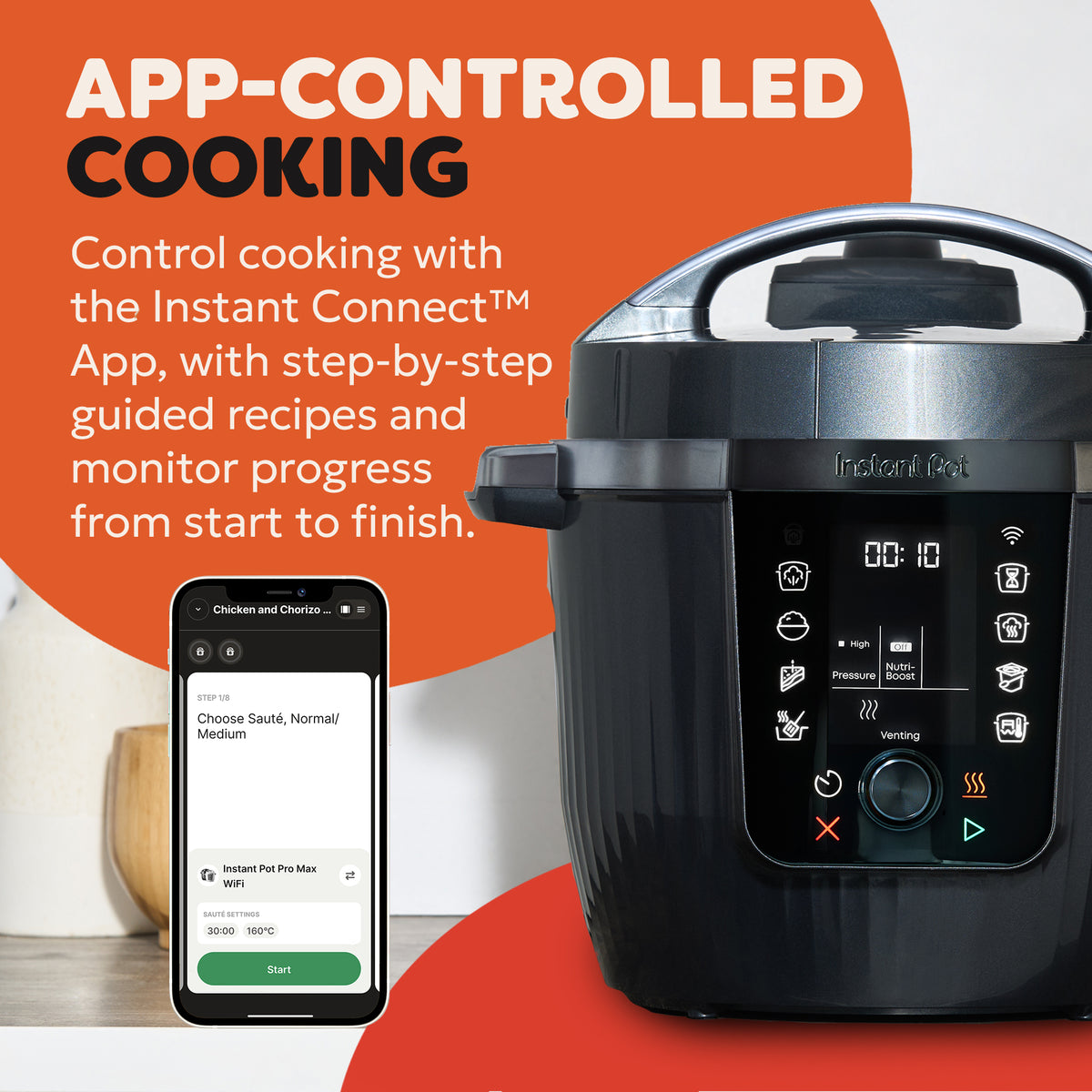 Instant Pot Pro Wifi multicooker with digital display and app-controlled cooking on a kitchen counter.