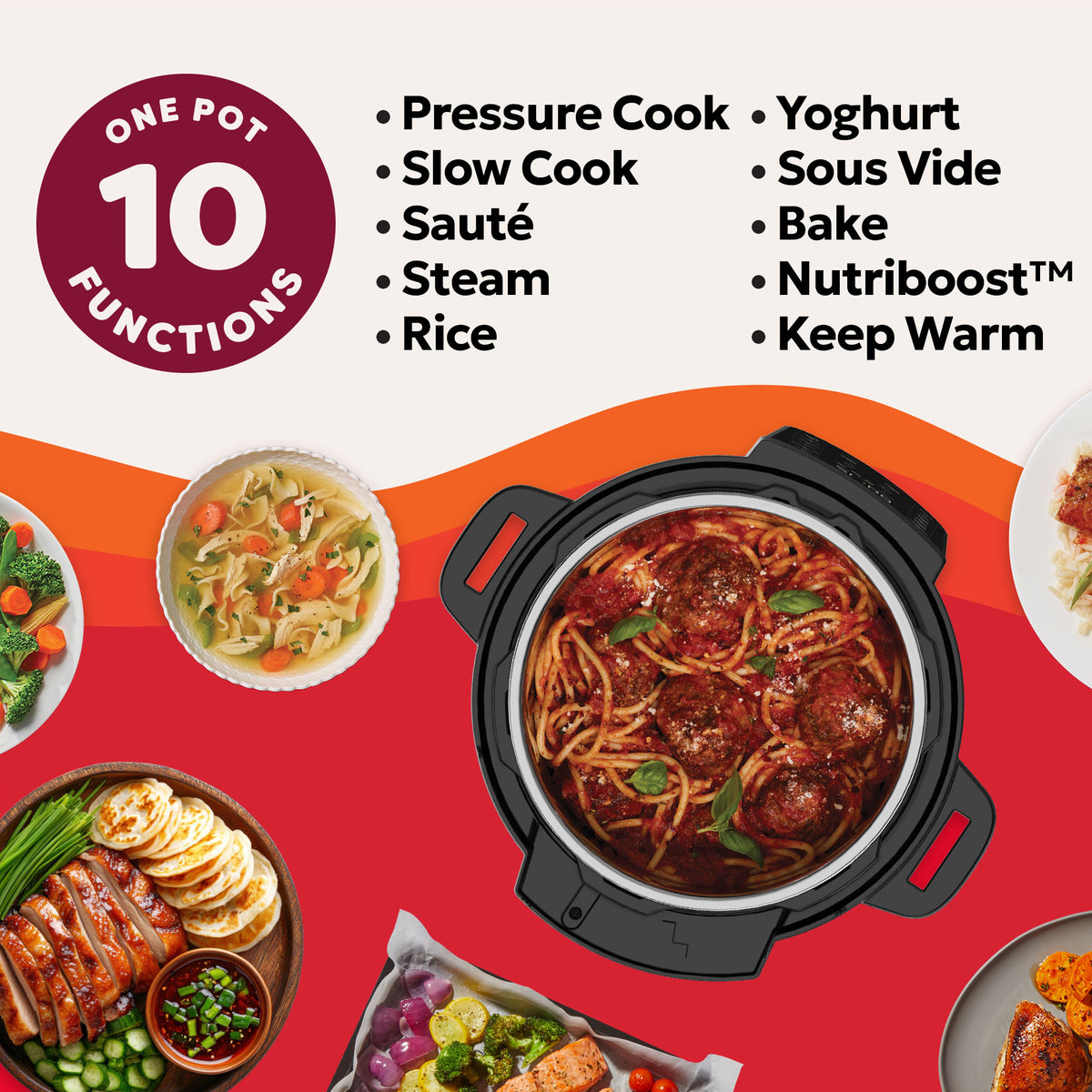 Instant Pot Pro Wifi multicooker with spaghetti and meatballs inside, surrounded by various dishes.