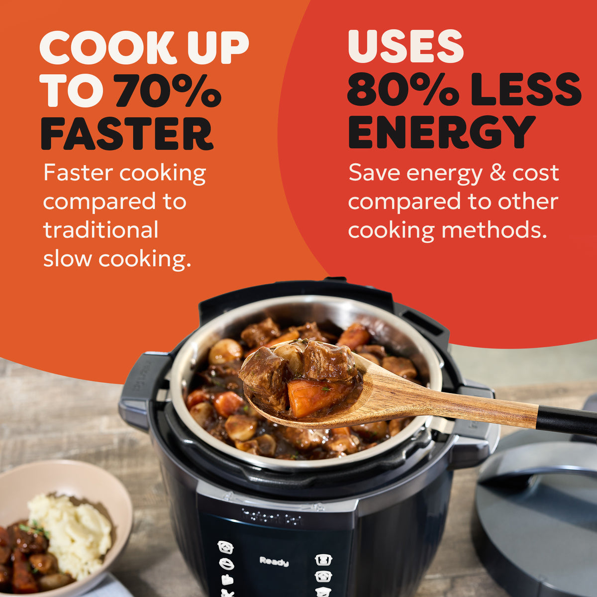 Instant Pot Pro Wifi multicooker open with stew inside and wooden spoon lifting a portion above it.