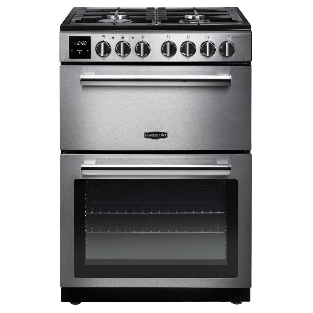 Rangemaster Professional+ 60cm Dual Fuel Cooker in stainless steel with 4 burners, griddle, slow cook, and cast iron pan