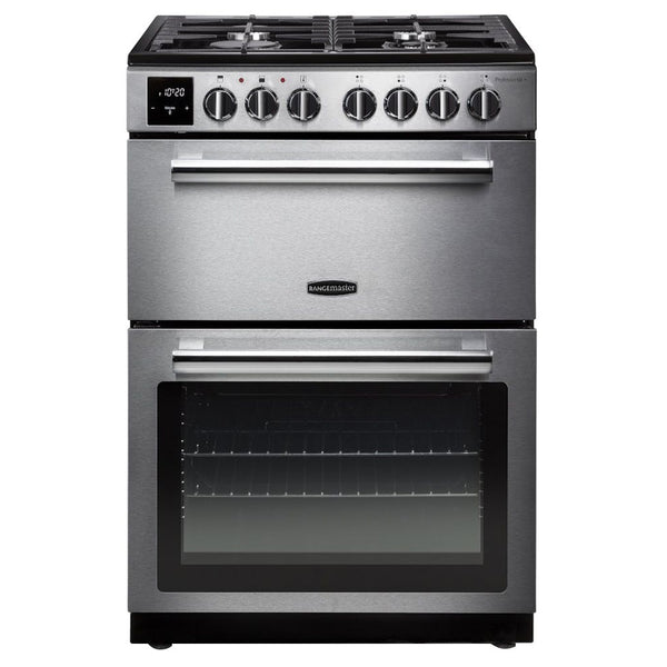 Rangemaster Professional+ 60cm Dual Fuel Cooker in stainless steel with 4 burners, griddle, slow cook, and cast iron pan