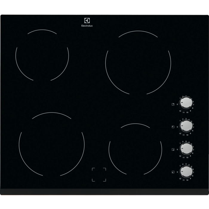 Electrolux black ceramic hob with four cooking zones and four silver control knobs on the right side