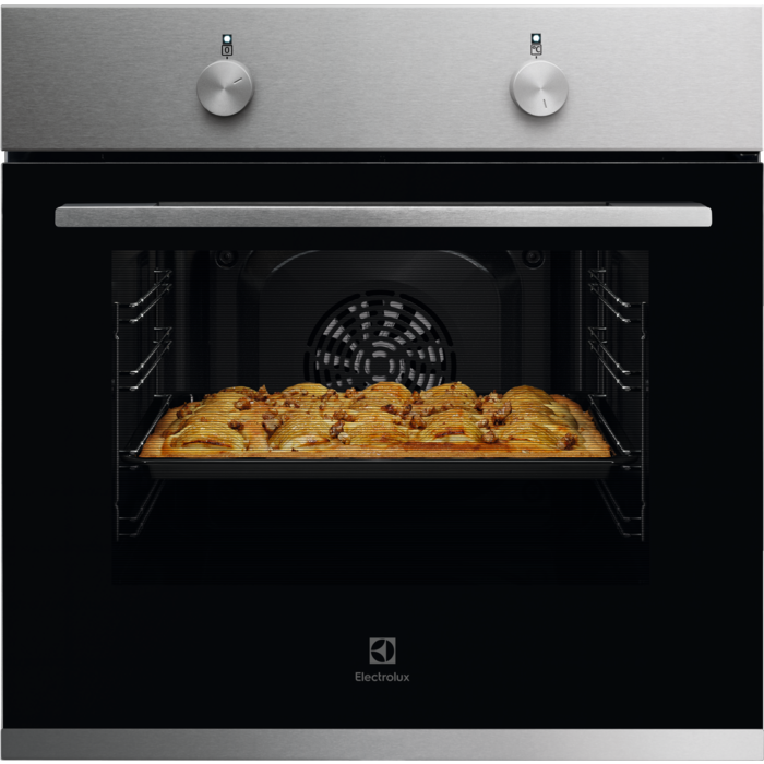 Electrolux stainless steel built-in electric oven with baked pastry visible inside and two rotary control knobs.