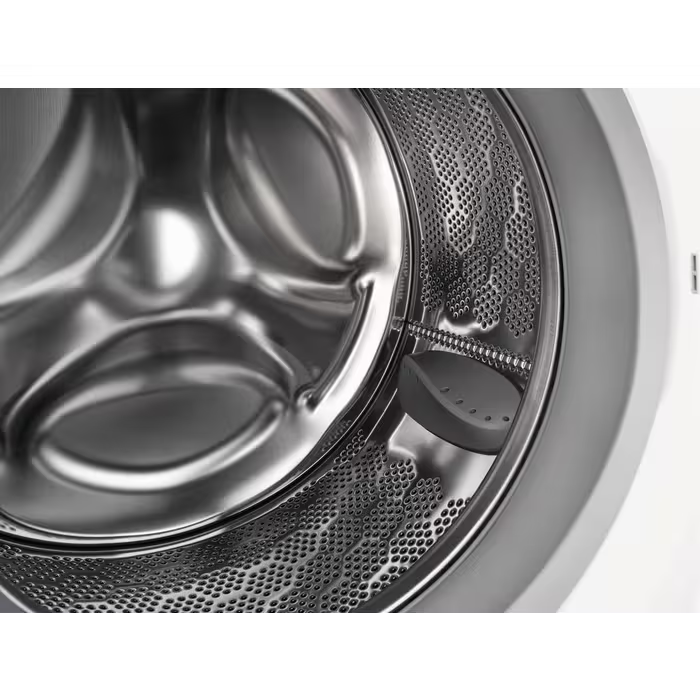 Close-up of the stainless steel drum interior of the Electrolux 10kg Auto Dose 1400 Spin washing machine.