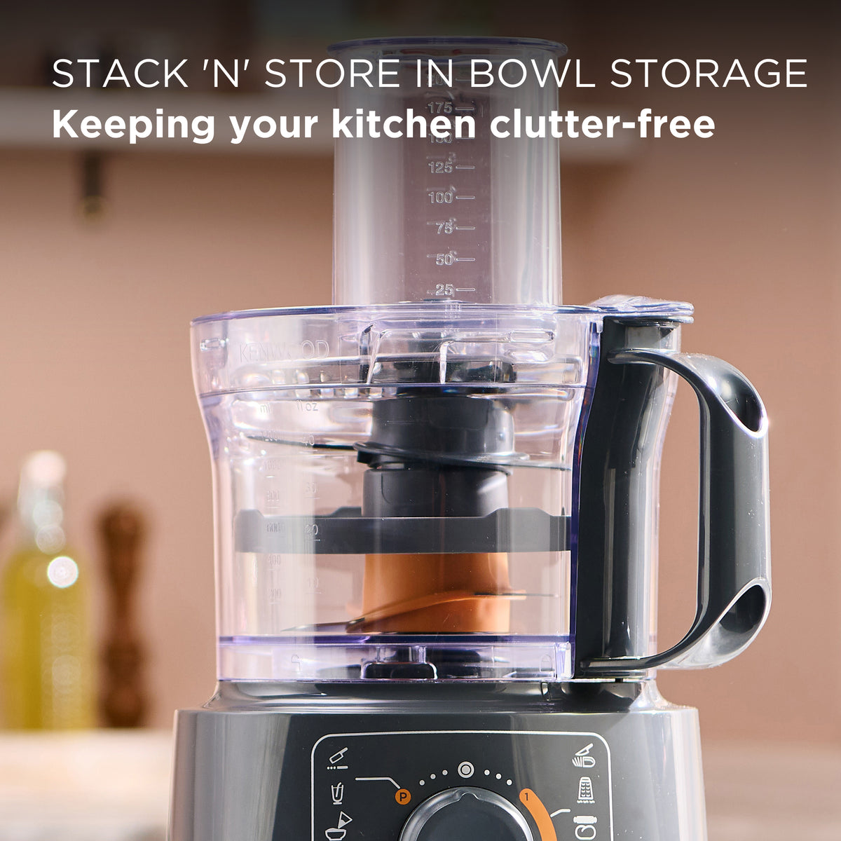Kenwood MultiPro Compact food processor and blender in slate grey with control dial and clear bowl