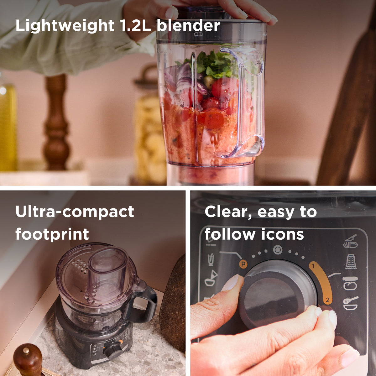 Kenwood MultiPro Compact food processor on a kitchen counter with a hand adjusting the control dial