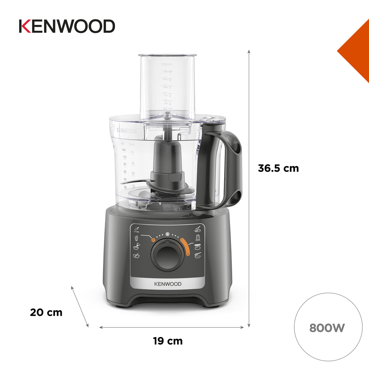Kenwood MultiPro Compact food processor in slate grey with clear bowl and control dial on front panel.