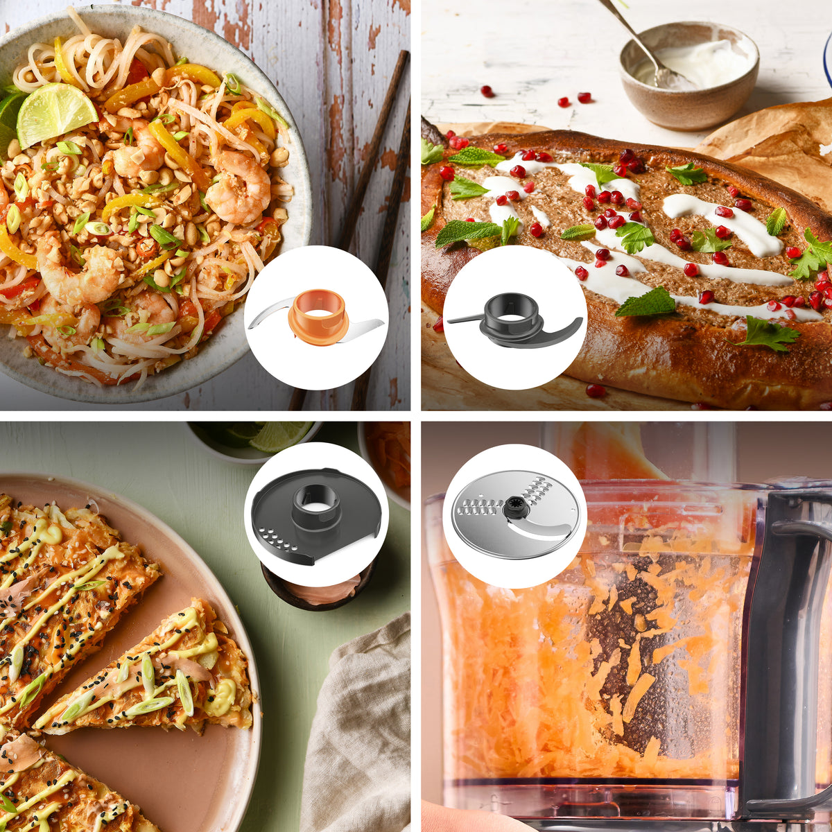 Four images showing food dishes with inset images of Kenwood MultiPro Compact FDP31.170GY food processor blades and