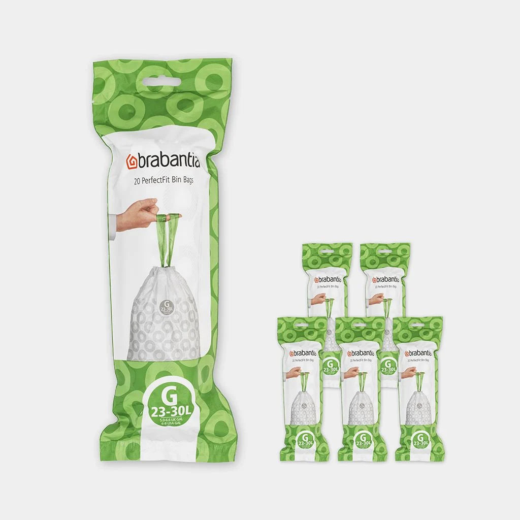 Brabantia PerfectFit Code G 23-30Ltr white bin bags, 20 pcs, tear-resistant with tie-tape, fits Brabantia bins | Keans