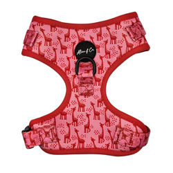 Pink and red giraffe print dog harness with breathable mesh, quick-release clip, adjustable fit by Keans Claremorris.