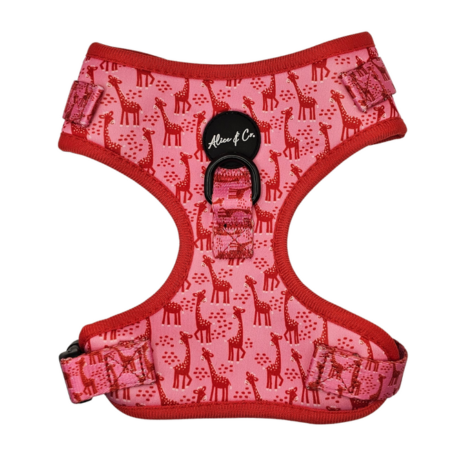Pink and red giraffe print dog harness with breathable mesh, quick-release clip, adjustable fit by Keans Claremorris.