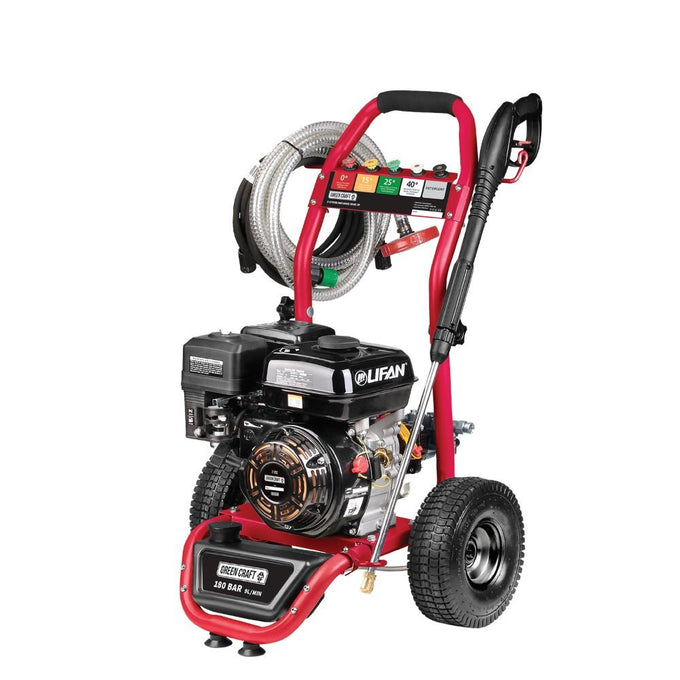 Green Craft 7hp Petrol Pressure Washer 180 Bar with 7.5m Hose, Metal Lance, Pneumatic Tyres – Keans Claremorris