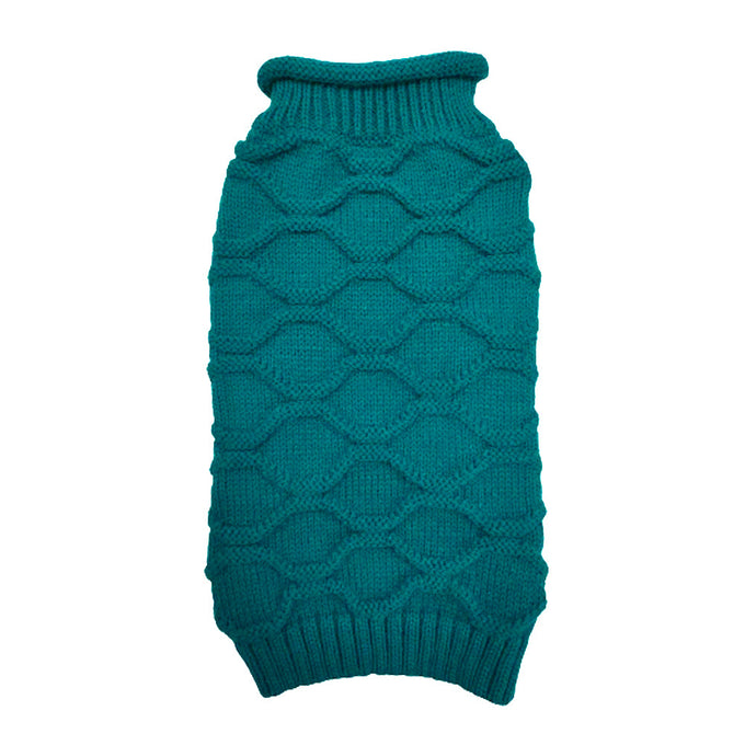 Honeycomb teal knitted dog jumper in Xtra-Small size, cozy and stylish pet sweater by Keans Claremorris