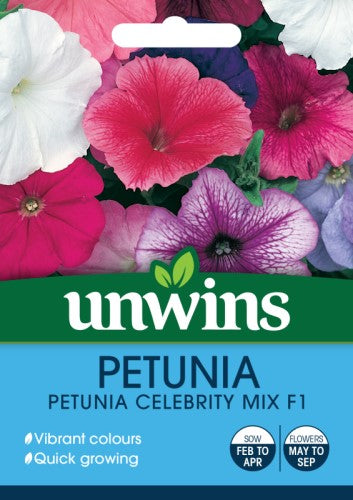Close-up of vibrant pink, white, purple, and red Petunia Celebrity Mix F1 flowers on seed packet.
