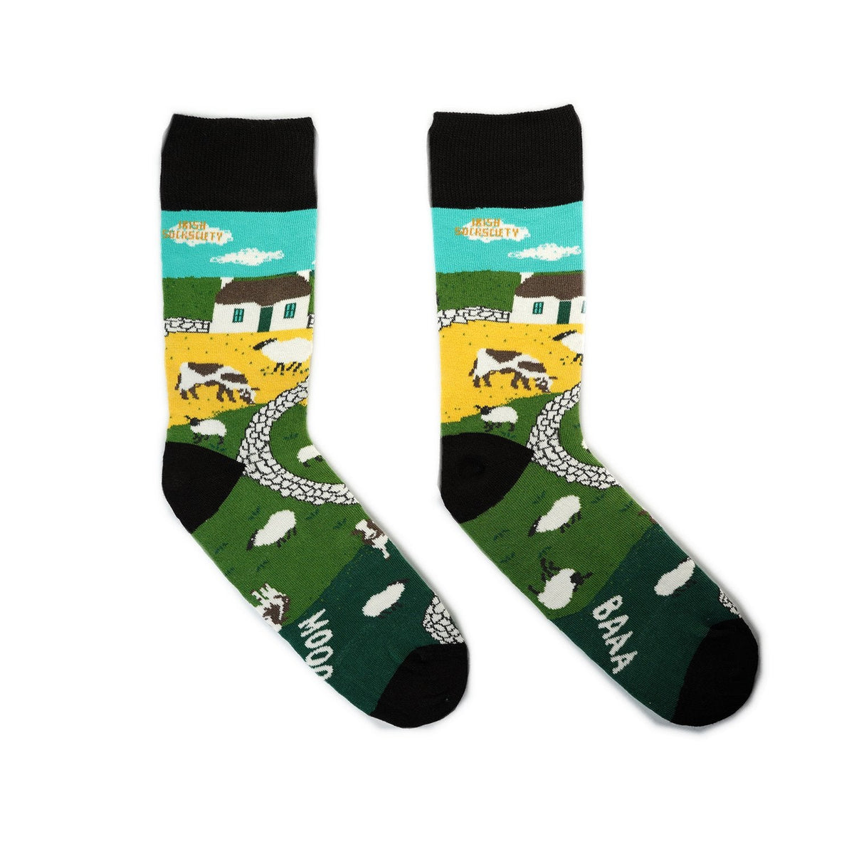 Landscape BAA MOO 8-12 socks with sheep and cow design, comfortable fit, available at Keans Claremorris.