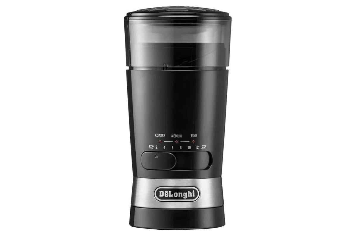 Delonghi KG210 electric coffee grinder in black with stainless steel band and grind settings dial visible