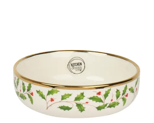 Porcelain Holly Christmas Bowl – Green with Gold Trim (16cm) Keans Claremorris