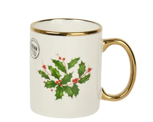 Porcelain Holly Christmas Mug – Green with Gold Trim (8cm) Keans Claremorris