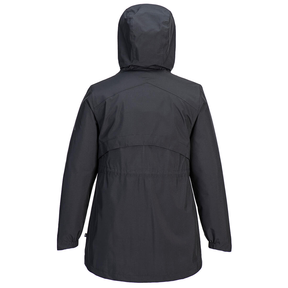 Back view of black Portwest Ladies Newgrange waterproof jacket with hood and elastic cuffs