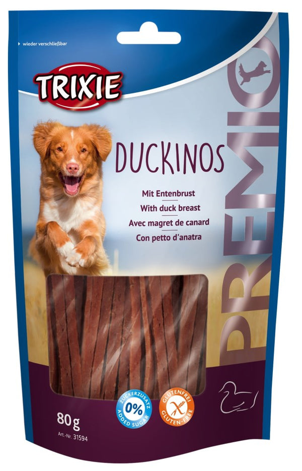 Premio Duckinos 80g dog treats with 63% duck breast, high protein, gluten-free, no added sugar, resealable bag - Keans