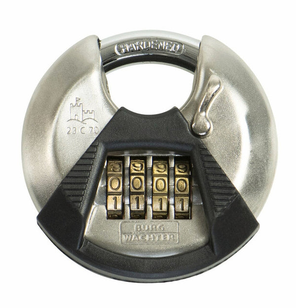 Diskus Padlock with hardened steel body, anti-drill cylinder, 5 laser-cut keys, high security – available at Keans