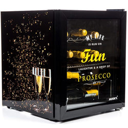 Black mini fridge with Prosecco-themed design on a white background