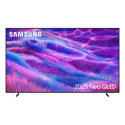 Samsung 2025 Neo QLED TV displaying a vibrant purple and blue abstract design.