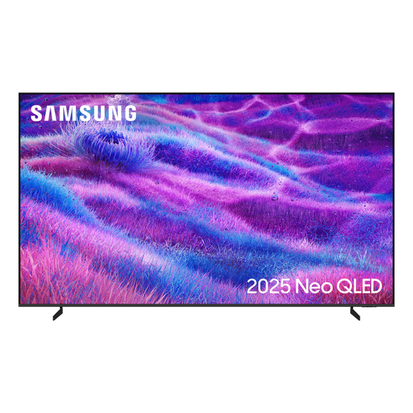Samsung 2025 Neo QLED TV displaying a vibrant purple and blue abstract design.