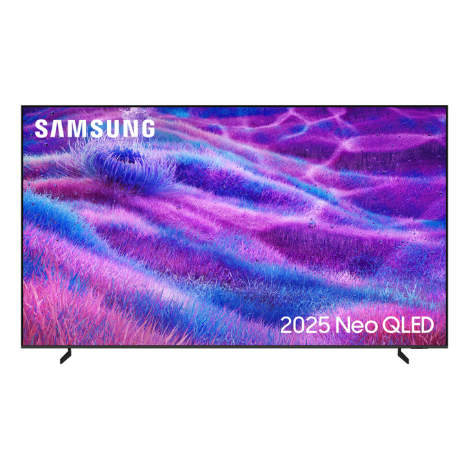 Samsung 2025 Neo QLED TV displaying a vibrant purple and blue abstract design.