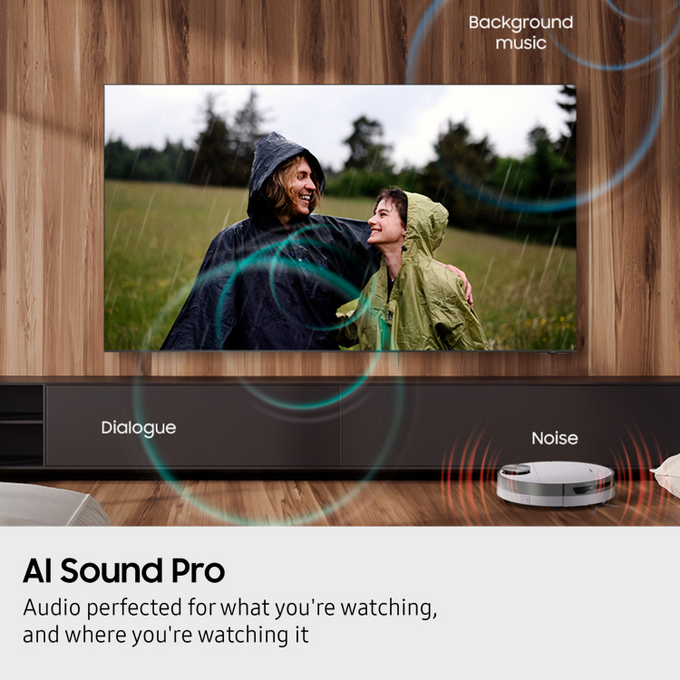 TV screen showing two people in raincoats with AI Sound Pro technology in the foreground.