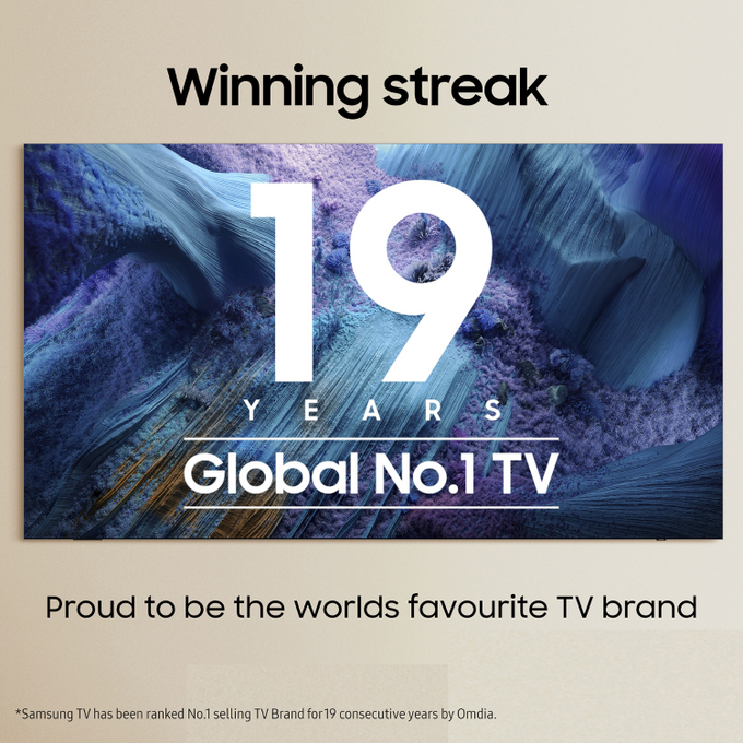 Samsung TV advertisement with '19 Years Global No.1 TV' on a textured background