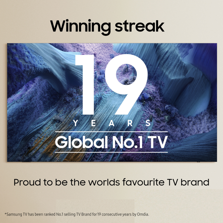 Samsung TV advertisement with '19 Years Global No.1 TV' on a textured background