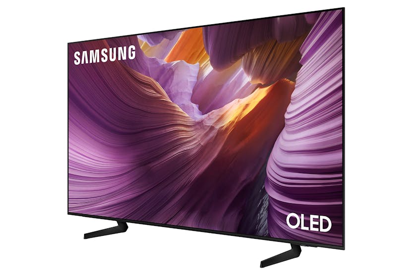 Samsung S85F 83" 4K OLED Smart TV angled view with purple and orange abstract canyon image on screen