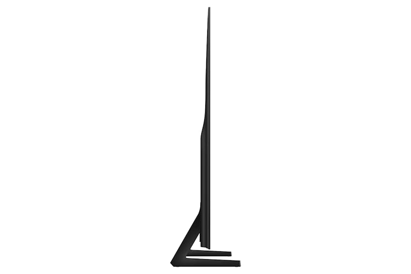 Side profile of the Samsung S85F 83" 4K OLED Smart TV showing its ultra-thin design and stand.