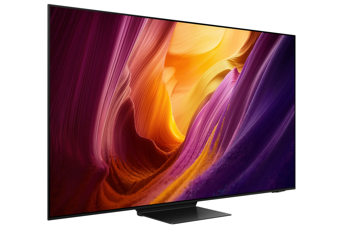 Samsung OLED 65" S95H AI Smart TV angled view showing vibrant abstract orange and purple display