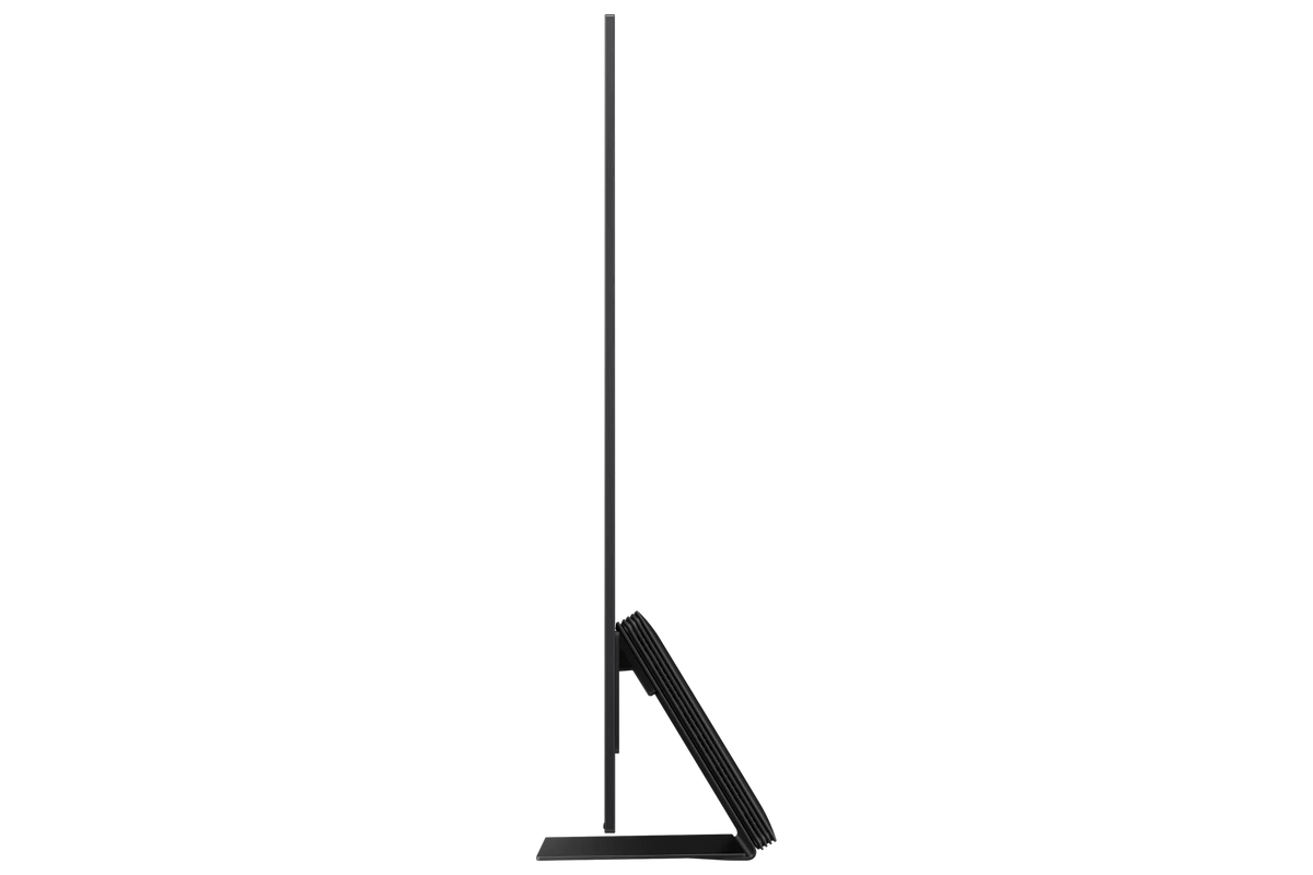 Side view of Samsung OLED 65" S95H AI Smart TV showing its slim profile and stand design.