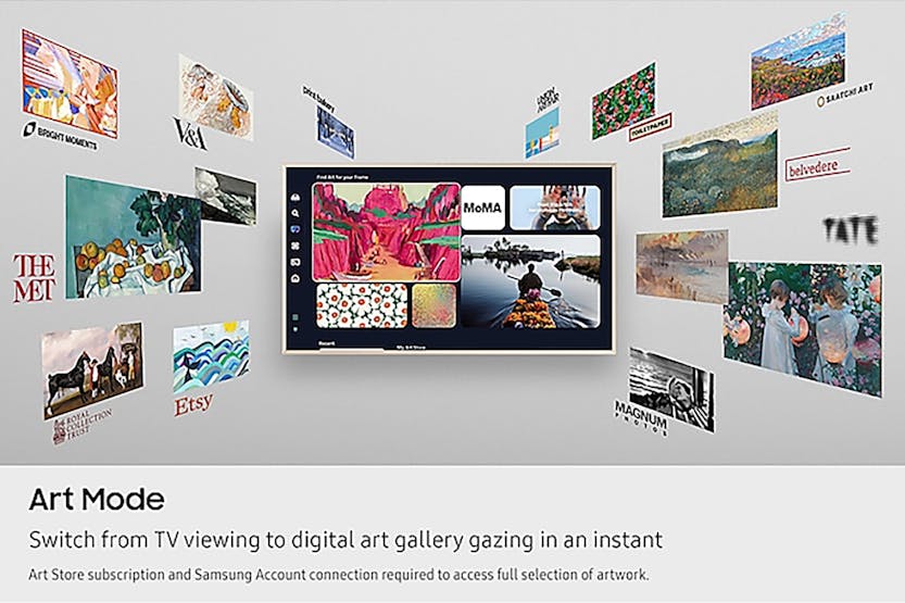 Samsung 65" LS03F QLED 4K Smart TV displaying digital art gallery interface in Art Mode on a wall mount.