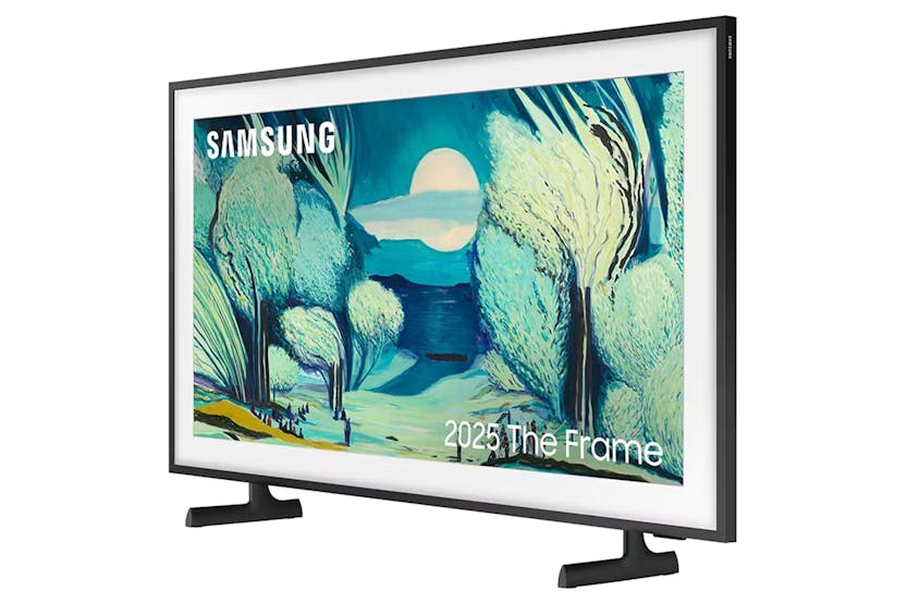 Samsung 65" LS03F QLED 4K Smart TV (2025) showing a landscape painting on screen with slim black frame and two legs.