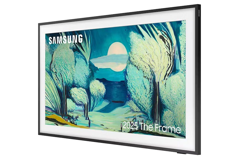Samsung 65" LS03F QLED 4K Smart TV (2025) showing a landscape painting with trees and a moon on screen