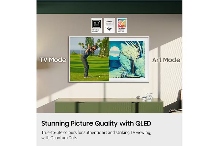 Samsung 65" LS03F QLED 4K Smart TV showing split screen of golf scene in TV mode and abstract art in Art Mode.