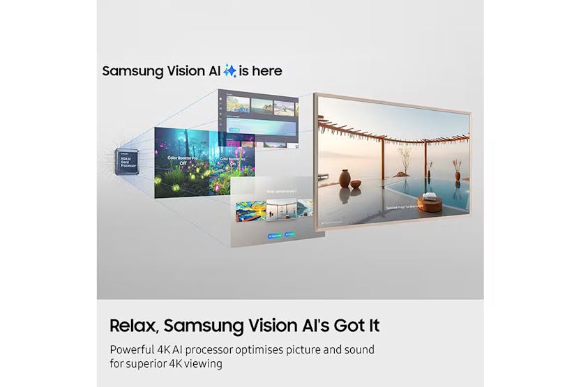 Samsung 65" LS03F QLED 4K Smart TV showing AI processor enhancing picture quality and streaming interface.