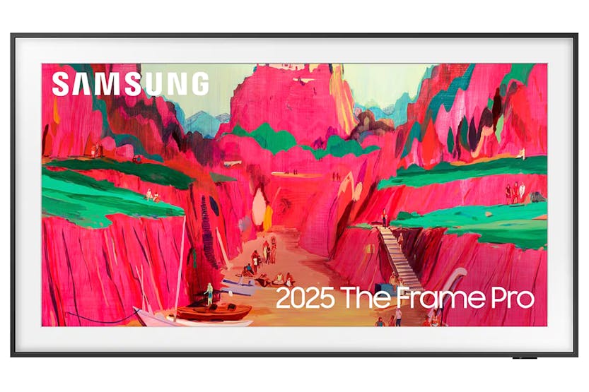 Samsung 65'' The Frame Pro Neo QLED 4K Smart TV (2025) displaying colorful digital artwork in white frame.