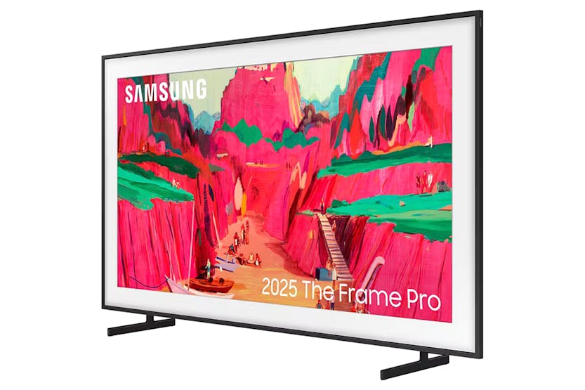 Samsung 65'' The Frame Pro Neo QLED 4K Smart TV (2025) showing colorful canyon artwork on stand