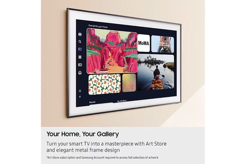 Samsung 65'' The Frame Pro Neo QLED 4K Smart TV mounted on wall displaying art gallery interface with metal frame.