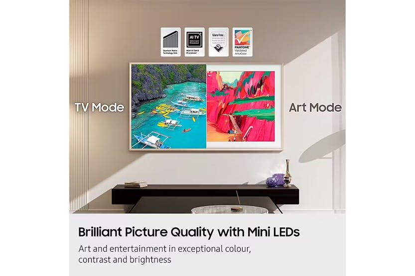 Samsung 65'' The Frame Pro Neo QLED 4K TV showing split screen of vibrant TV mode and colorful art mode on wall mount.