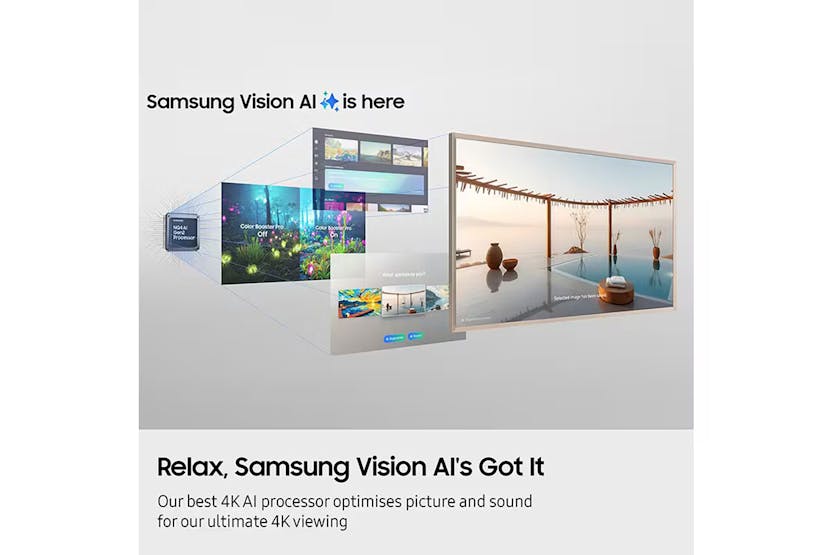 Samsung 65'' The Frame Pro Neo QLED 4K TV showing AI processor optimizing picture and sound for 4K viewing.